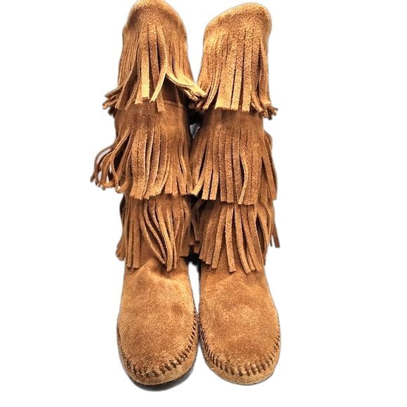 Minnetonka 3 Layer Fringe Genuine Leather Brown Mid Calf Moccasin Boots Size 6 - Picture 2 of 8